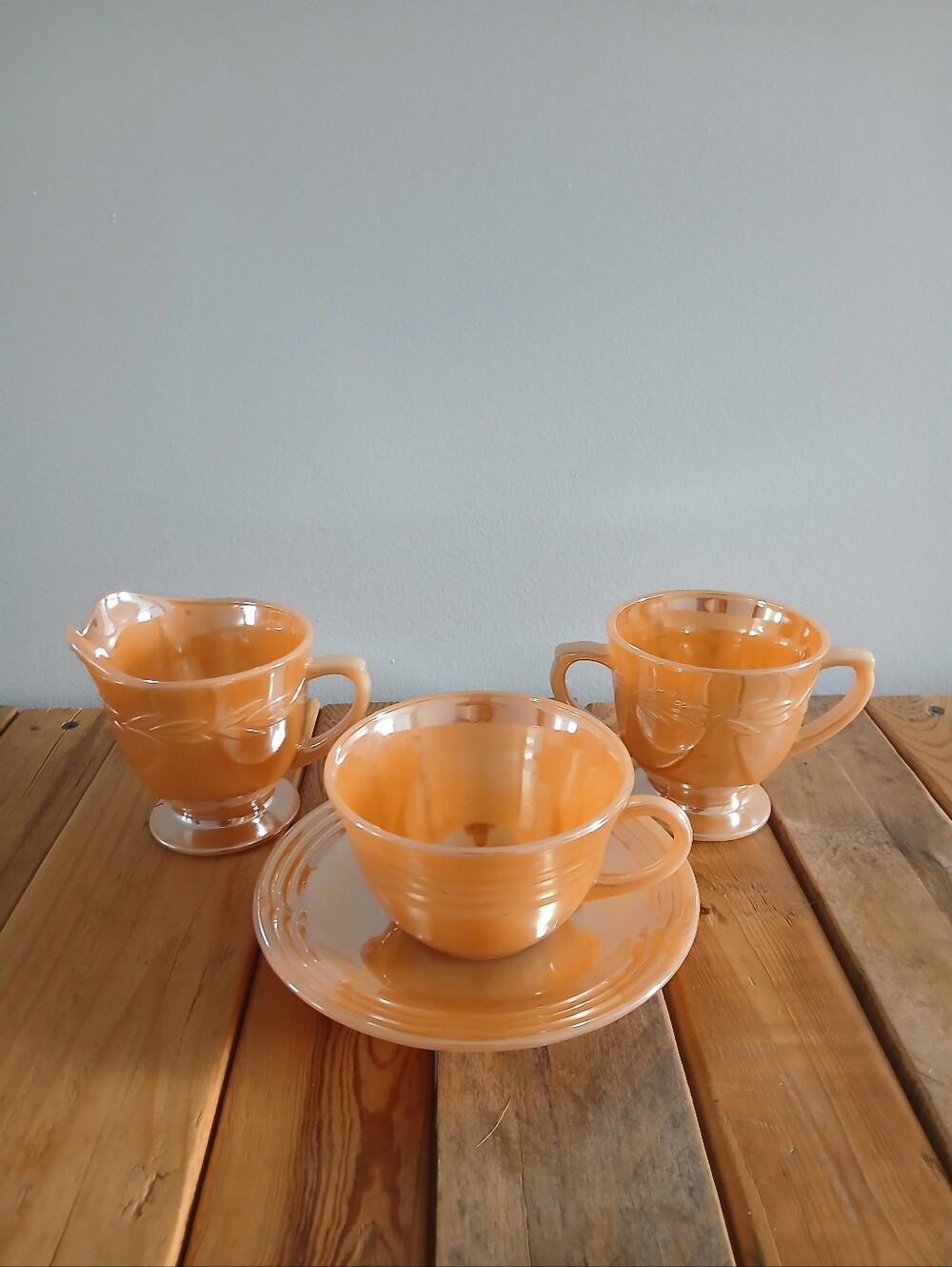 Vintage Peach Fireking Milk Glass Creamer/Sugar Bowl/ Tea And Saucer  Set